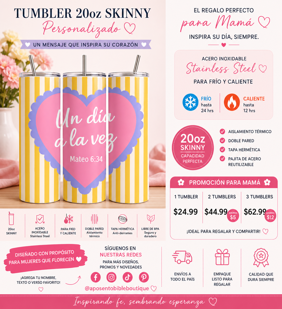 Tumbler 20oz Un día a la vez | Acero Inoxidable Frío/Caliente (Stainless Steel)