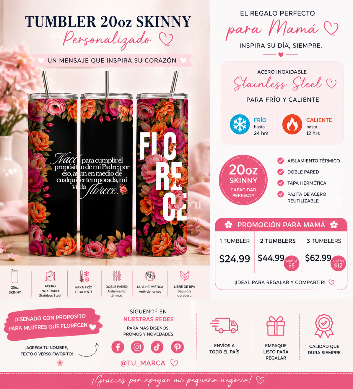 Tumbler 20oz Florece | Acero Inoxidable Frío/Caliente (Stainless Steel)