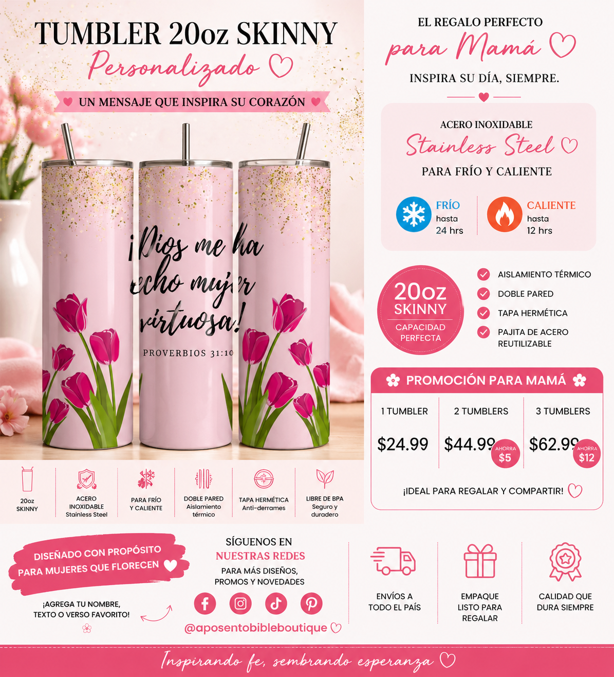 Tumbler 20oz Mujer Virtuosa | Acero Inoxidable Frío/Caliente (Stainless Steel)