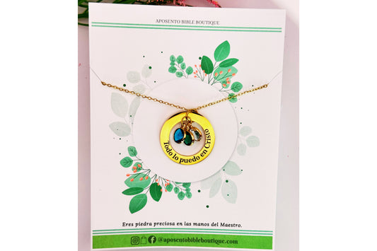 Collar "Todo lo puedo en Cristo" – Acero Inoxidable con Piedras Verdes
